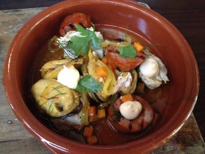 Flaked Kingfish, Escabeche of Green Slip Mussels, Saffron and Chirizo Flaked Kingfish, Escabeche of Green Llip Mussels, Saffron and Chorizo